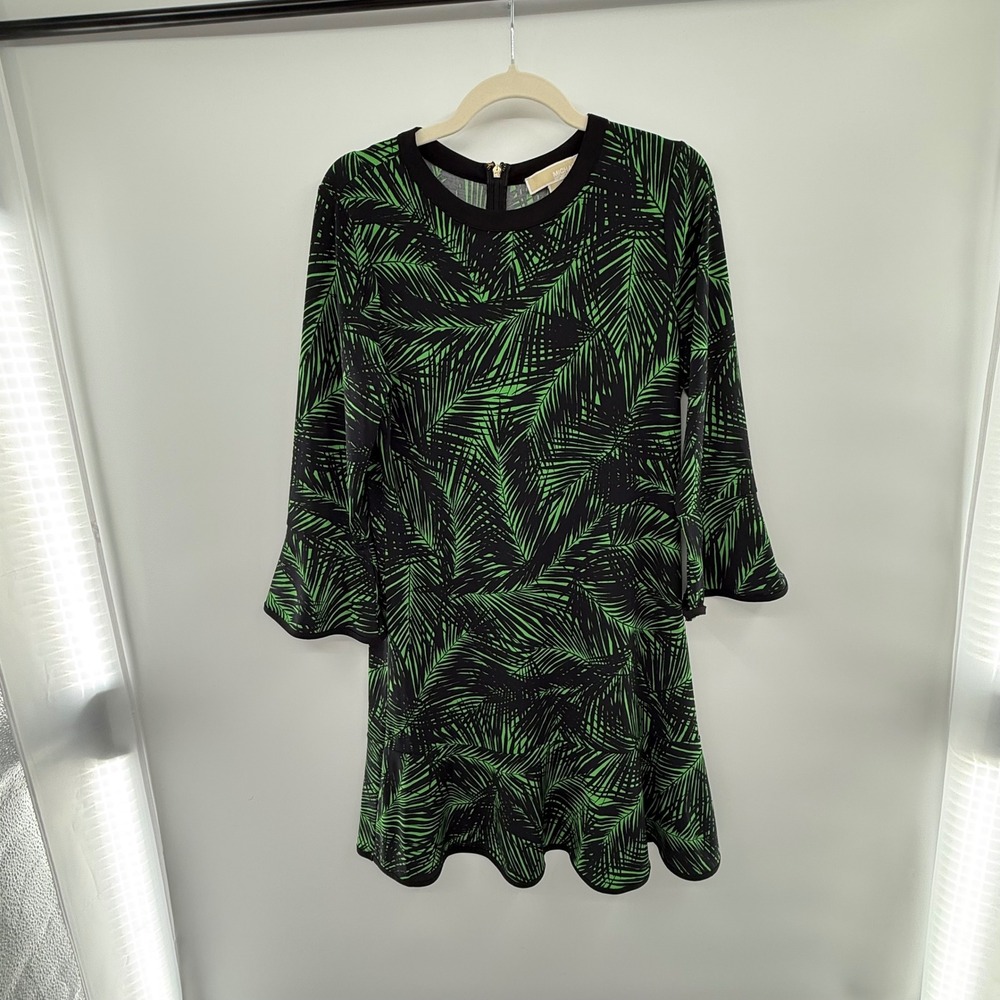 Michael Michael Kors Green Palm Leaf Print Shift Dress Size M Bell‎ Sleeve